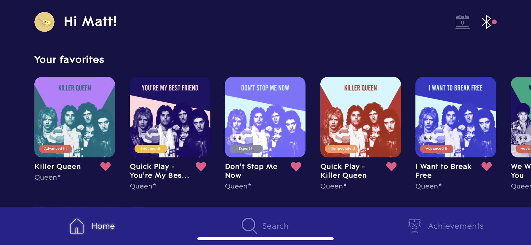 View of Queen songs in the LUMI app, arranged according to difficulty level